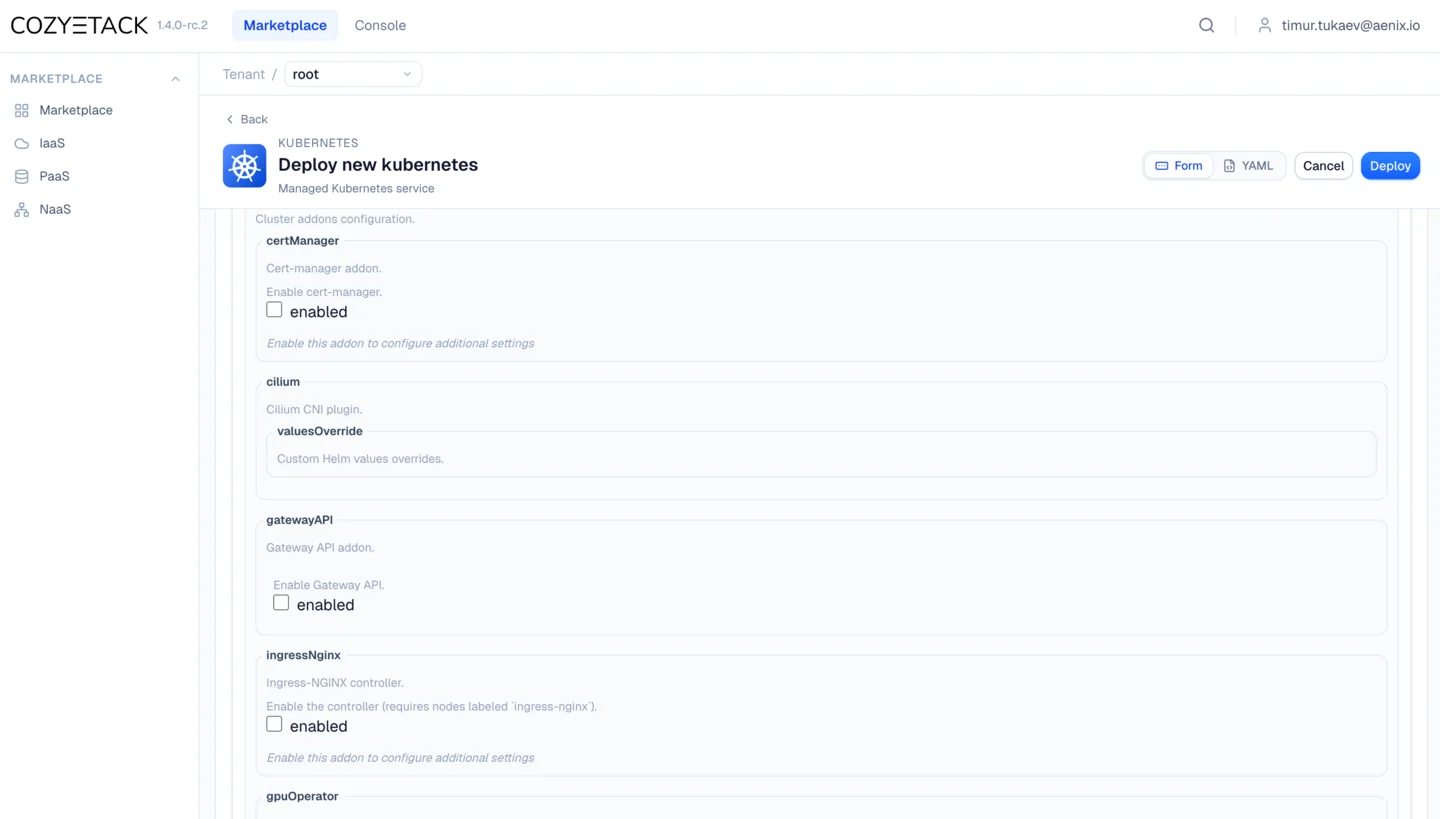 Cozystack 1.4 dashboard — Deploy new Kubernetes form with cluster addons (cert-manager, Cilium, Gateway API, ingress-nginx, GPU Operator)