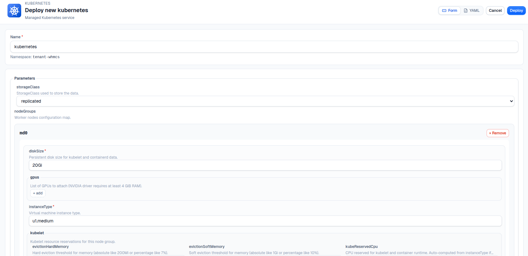 Cozystack dashboard Marketplace showing the Kubernetes application tile