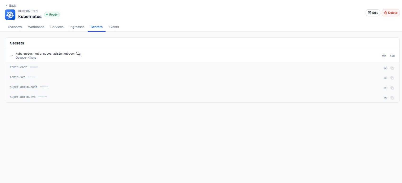 Cluster application Secrets tab with admin.conf kubeconfig available for download